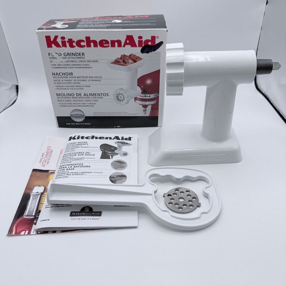 KitchenAid Food Grinder Stand Mixer Attachment White FGA-2 with Plates and Box